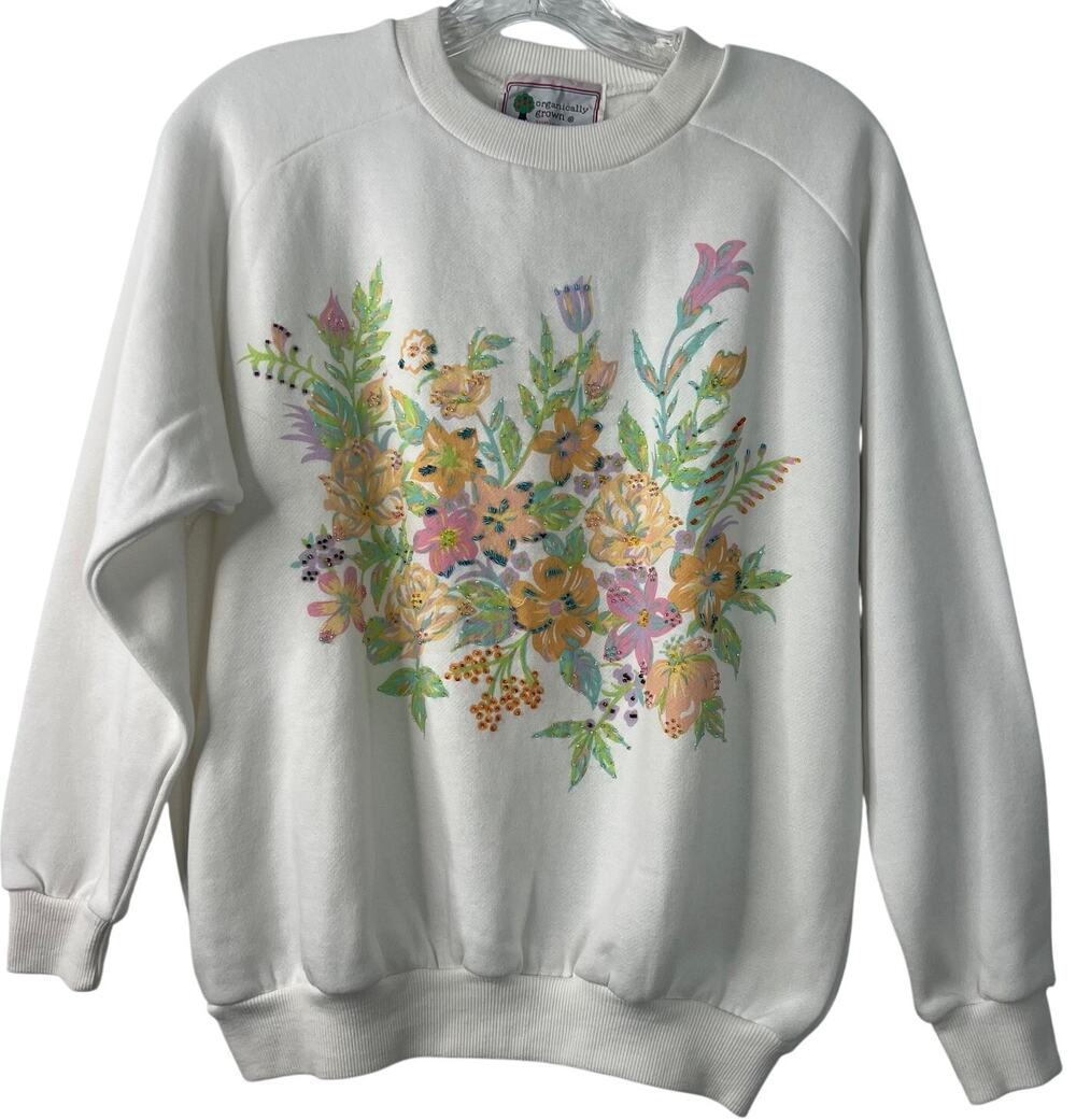 Organically Grown Vintage Pullover Sweatshirt Beaded-Floral Boho Print Size M